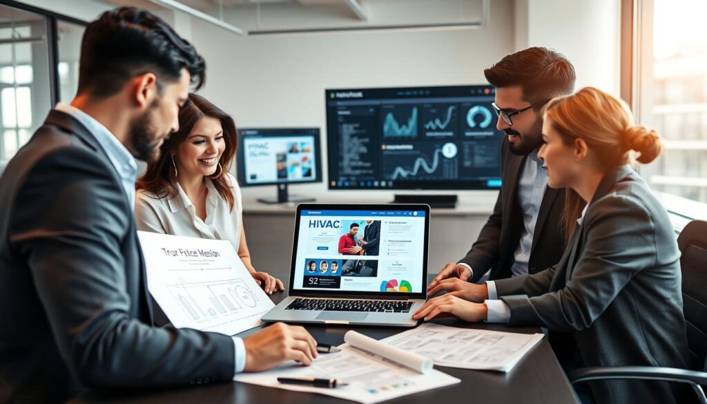 A sleek, modern office environment showcasing a professional HVAC website development process. In the foreground, a diverse team of three business professionals—two men and one woman—are engaged in a brainstorming session. They are dressed in business casual attire, collaborating around a high-tech laptop displaying a visually appealing HVAC website design. The middle ground features drafting materials, such as design sketches and a large monitor filled with website analytics. The background shows a stylish office with large windows that allow natural light to flood the space, enhancing a productive atmosphere. The mood is focused and innovative, emphasizing creativity and teamwork in developing tailored HVAC solutions for competitive markets. The image captures a dynamic sense of professionalism and collaboration without any text or branding elements. A sleek, modern office environment showcasing a professional HVAC website development process. In the foreground, a diverse team of three business professionals—two men and one woman—are engaged in a brainstorming session. They are dressed in business casual attire, collaborating around a high-tech laptop displaying a visually appealing HVAC website design. The middle ground features drafting materials, such as design sketches and a large monitor filled with website analytics. The background shows a stylish office with large windows that allow natural light to flood the space, enhancing a productive atmosphere. The mood is focused and innovative, emphasizing creativity and teamwork in developing tailored HVAC solutions for competitive markets. The image captures a dynamic sense of professionalism and collaboration without any text or branding elements.