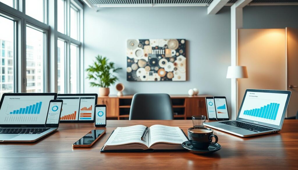 A sleek, modern office environment showcasing various content automation tools in a visually appealing layout. In the foreground, there are multiple digital devices such as laptops, tablets, and smartphones displaying graphs and statistics related to content creation. The middle ground features a stylish wooden desk with a notepad, a cup of coffee, and an open laptop, indicating active workflow. In the background, large windows let in soft, natural light, illuminating the workspace with a warm glow. An abstract painting hangs on the wall, symbolizing creativity. The atmosphere conveys a sense of productivity and innovation, emphasizing the theme of overcoming challenges in AI adoption for content automation. The scene captures a professional, organized feel, inviting viewers to explore the intersection of technology and content mastery. A sleek, modern office environment showcasing various content automation tools in a visually appealing layout. In the foreground, there are multiple digital devices such as laptops, tablets, and smartphones displaying graphs and statistics related to content creation. The middle ground features a stylish wooden desk with a notepad, a cup of coffee, and an open laptop, indicating active workflow. In the background, large windows let in soft, natural light, illuminating the workspace with a warm glow. An abstract painting hangs on the wall, symbolizing creativity. The atmosphere conveys a sense of productivity and innovation, emphasizing the theme of overcoming challenges in AI adoption for content automation. The scene captures a professional, organized feel, inviting viewers to explore the intersection of technology and content mastery.
