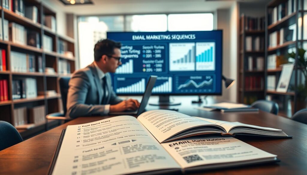 A sleek, modern office environment with a mortgage broker at a desk, professionally dressed in business attire, engaging with a laptop. In the foreground, an open notebook filled with sketches and bullet points about email marketing strategies. The middle ground features a screen displaying metrics and graphs related to lead nurturing sequences, symbolizing effective online marketing. The background shows soft-focus bookshelves filled with finance and marketing literature, and a large window letting in natural light, creating an inviting and productive atmosphere. The mood is focused and optimistic, evoking feelings of professionalism and success, with warm lighting casting gentle shadows for depth.