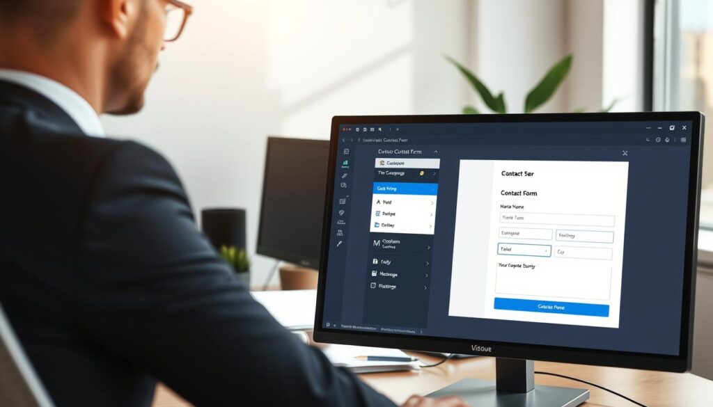 A sleek modern office setting with a computer screen displaying a customizable contact form interface. In the foreground, a professional businessperson, dressed in a smart suit, is interacting with the form using a mouse, highlighting fields like name, email, and message. The middle layer features a close-up view of the contact form being designed, showcasing various customizable elements like dropdown menus, checkboxes, and colors. In the background, a well-organized desk with stationery and a potted plant adds a touch of professionalism. Natural light streams in from a nearby window, casting soft shadows and creating a bright, inviting atmosphere. The mood is focused and productive, reflecting a technical environment where website customization takes place. A sleek modern office setting with a computer screen displaying a customizable contact form interface. In the foreground, a professional businessperson, dressed in a smart suit, is interacting with the form using a mouse, highlighting fields like name, email, and message. The middle layer features a close-up view of the contact form being designed, showcasing various customizable elements like dropdown menus, checkboxes, and colors. In the background, a well-organized desk with stationery and a potted plant adds a touch of professionalism. Natural light streams in from a nearby window, casting soft shadows and creating a bright, inviting atmosphere. The mood is focused and productive, reflecting a technical environment where website customization takes place.