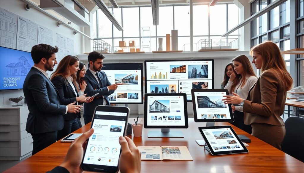 A sleek, modern office space designed for architects, featuring mobile devices displaying responsive website designs on their screens. In the foreground, a diverse group of architects in professional business attire are engaging with the technology, pointing to charts showing speed metrics and mobile layouts. The middle ground showcases large screens displaying various responsive designs for websites, with clear graphics and fast-loading animations. The background features a stylish, open workspace adorned with architectural blueprints and models, under bright, natural lighting pouring in from large windows. The atmosphere is dynamic and collaborative, emphasizing innovation and efficiency in design and digital presence. Shot with a wide-angle lens to capture depth and detail. A sleek, modern office space designed for architects, featuring mobile devices displaying responsive website designs on their screens. In the foreground, a diverse group of architects in professional business attire are engaging with the technology, pointing to charts showing speed metrics and mobile layouts. The middle ground showcases large screens displaying various responsive designs for websites, with clear graphics and fast-loading animations. The background features a stylish, open workspace adorned with architectural blueprints and models, under bright, natural lighting pouring in from large windows. The atmosphere is dynamic and collaborative, emphasizing innovation and efficiency in design and digital presence. Shot with a wide-angle lens to capture depth and detail.
