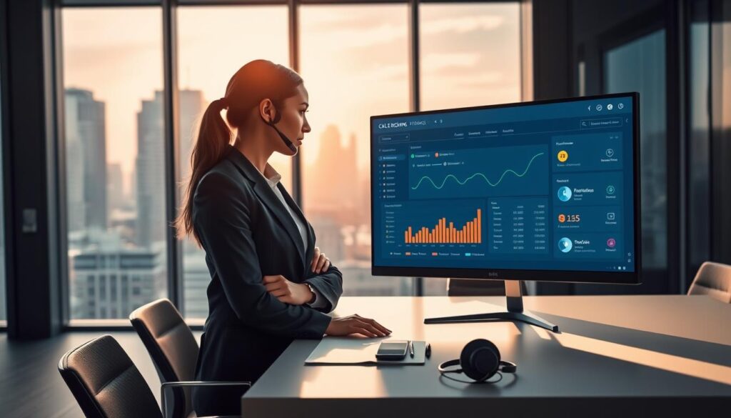 A sleek, modern office workspace showcasing call tracking software on a large monitor. In the foreground, a professional businesswoman in smart attire is intently analyzing data displayed on the screen, which includes graphs and analytics related to phone calls. In the middle, a stylish desk features a smartphone, a notepad, and a headset, embodying a tech-savvy environment. The background reveals a panoramic view of a city skyline through large windows, with soft, natural daylight streaming in. The mood is focused and productive, emphasizing innovation in sales processes. The composition should have a slight depth of field to blur the background, highlighting the call tracking software interface as the main focal point.