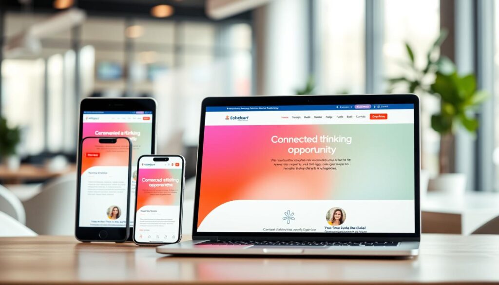 A sleek, modern recruitment agency website layout showcased on multiple screens and devices. The foreground features a laptop displaying a clean, professional homepage with vibrant colors and intuitive navigation, conveying a sense of innovation. On the middle layer, a smartphone and tablet mirror the same elegant design, demonstrating responsiveness. The background includes a blurred office environment with soft natural lighting, enhancing the professional atmosphere. The overall mood is inspiring and forward-thinking, emphasizing connection and opportunity. Use a 35mm lens for a slight depth of field, creating a focus on the devices while softly blurring the background elements. The scene evokes a sense of engagement and modernity in recruitment. A sleek, modern recruitment agency website layout showcased on multiple screens and devices. The foreground features a laptop displaying a clean, professional homepage with vibrant colors and intuitive navigation, conveying a sense of innovation. On the middle layer, a smartphone and tablet mirror the same elegant design, demonstrating responsiveness. The background includes a blurred office environment with soft natural lighting, enhancing the professional atmosphere. The overall mood is inspiring and forward-thinking, emphasizing connection and opportunity. Use a 35mm lens for a slight depth of field, creating a focus on the devices while softly blurring the background elements. The scene evokes a sense of engagement and modernity in recruitment.