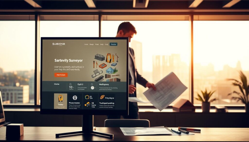 A sleek, modern surveyor website interface displayed on a large computer screen in a professional office setting. The foreground features a focus on the screen, showcasing a visually engaging layout with icons depicting surveying tools, maps, and construction images. In the middle ground, a well-dressed surveyor examines blueprints on the desk, portraying concentration and professionalism. The background features a large window with a cityscape view, bathed in warm, natural light, creating an inviting atmosphere. The overall mood is one of innovation and expertise in the surveying field, with clean lines and an organized workspace indicating a high level of professionalism and creativity in digital branding. Lighting is bright but soft, with a focus on the screen, emphasizing the modern design elements. A sleek, modern surveyor website interface displayed on a large computer screen in a professional office setting. The foreground features a focus on the screen, showcasing a visually engaging layout with icons depicting surveying tools, maps, and construction images. In the middle ground, a well-dressed surveyor examines blueprints on the desk, portraying concentration and professionalism. The background features a large window with a cityscape view, bathed in warm, natural light, creating an inviting atmosphere. The overall mood is one of innovation and expertise in the surveying field, with clean lines and an organized workspace indicating a high level of professionalism and creativity in digital branding. Lighting is bright but soft, with a focus on the screen, emphasizing the modern design elements.