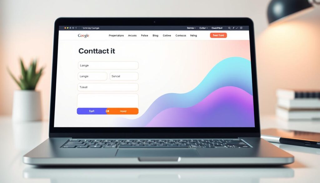 A sleek, modern website contact form displayed prominently in the foreground, featuring clean lines, smooth curves, and vibrant colors that reflect an engaging visual branding. The form includes stylish input fields with rounded edges, aesthetically pleasing buttons, and subtle hover effects. In the middle ground, a well-designed digital device, such as a laptop or tablet, showcases the website interface, highlighting the contact form in context. The background features a minimalist, professional workspace, softly blurred to emphasize the form while maintaining a harmonious atmosphere. Soft, diffused lighting creates an inviting ambiance, enhancing the overall modern aesthetic. The image captures the essence of stylish lead generation tools, evoking a mood of creativity and professionalism. A sleek, modern website contact form displayed prominently in the foreground, featuring clean lines, smooth curves, and vibrant colors that reflect an engaging visual branding. The form includes stylish input fields with rounded edges, aesthetically pleasing buttons, and subtle hover effects. In the middle ground, a well-designed digital device, such as a laptop or tablet, showcases the website interface, highlighting the contact form in context. The background features a minimalist, professional workspace, softly blurred to emphasize the form while maintaining a harmonious atmosphere. Soft, diffused lighting creates an inviting ambiance, enhancing the overall modern aesthetic. The image captures the essence of stylish lead generation tools, evoking a mood of creativity and professionalism.