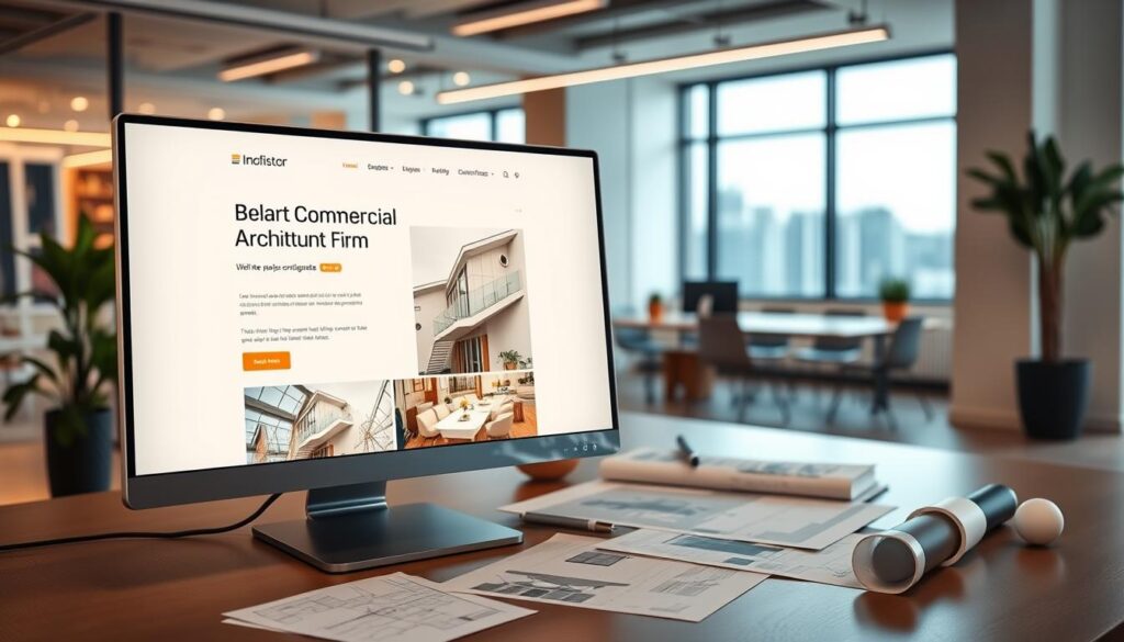 A sleek, modern website design for a professional architect firm based in Australia, showcasing a homepage layout on a high-resolution computer screen. The foreground features an elegant-looking computer monitor displaying a clean, minimalist website with a focus on architectural imagery, navigation menus, and a color palette of soft earth tones with vibrant accent colors. The middle ground includes stylish architectural sketches and blueprints scattered around, hinting at commercial project designs. In the background, a well-lit, contemporary office space can be seen, with large windows bringing in natural light, creating a bright and inviting atmosphere. The overall mood is professional and innovative, representing the essence of contemporary Australian architecture. A sleek, modern website design for a professional architect firm based in Australia, showcasing a homepage layout on a high-resolution computer screen. The foreground features an elegant-looking computer monitor displaying a clean, minimalist website with a focus on architectural imagery, navigation menus, and a color palette of soft earth tones with vibrant accent colors. The middle ground includes stylish architectural sketches and blueprints scattered around, hinting at commercial project designs. In the background, a well-lit, contemporary office space can be seen, with large windows bringing in natural light, creating a bright and inviting atmosphere. The overall mood is professional and innovative, representing the essence of contemporary Australian architecture.