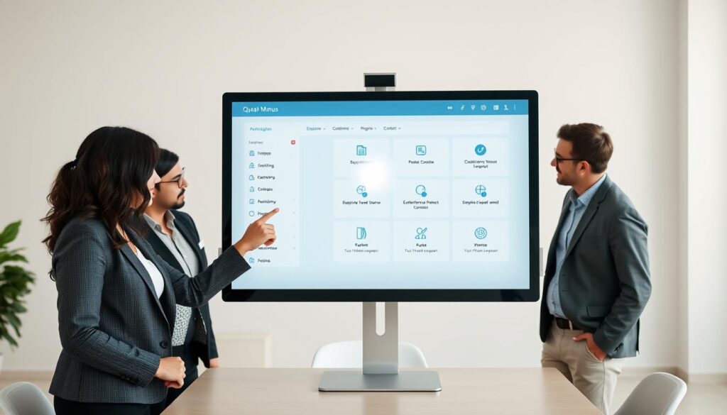 A sleek, modern website interface displayed on a large computer screen, showcasing a simplified navigation menu featuring intuitive icons and a clean layout. In the foreground, a diverse group of three professionals, including a woman in a smart blazer and two men in business casual attire, observe the screen, pointing at the navigation elements with interest. In the middle, a subtle glimmer of light reflects off the computer screen, highlighting the user-friendly design. The background should include a minimalist office space with soft, natural lighting coming through a large window, creating a focused yet relaxed atmosphere. The color palette is bright and inviting, emphasizing clarity and simplicity in user experience. A sleek, modern website interface displayed on a large computer screen, showcasing a simplified navigation menu featuring intuitive icons and a clean layout. In the foreground, a diverse group of three professionals, including a woman in a smart blazer and two men in business casual attire, observe the screen, pointing at the navigation elements with interest. In the middle, a subtle glimmer of light reflects off the computer screen, highlighting the user-friendly design. The background should include a minimalist office space with soft, natural lighting coming through a large window, creating a focused yet relaxed atmosphere. The color palette is bright and inviting, emphasizing clarity and simplicity in user experience.