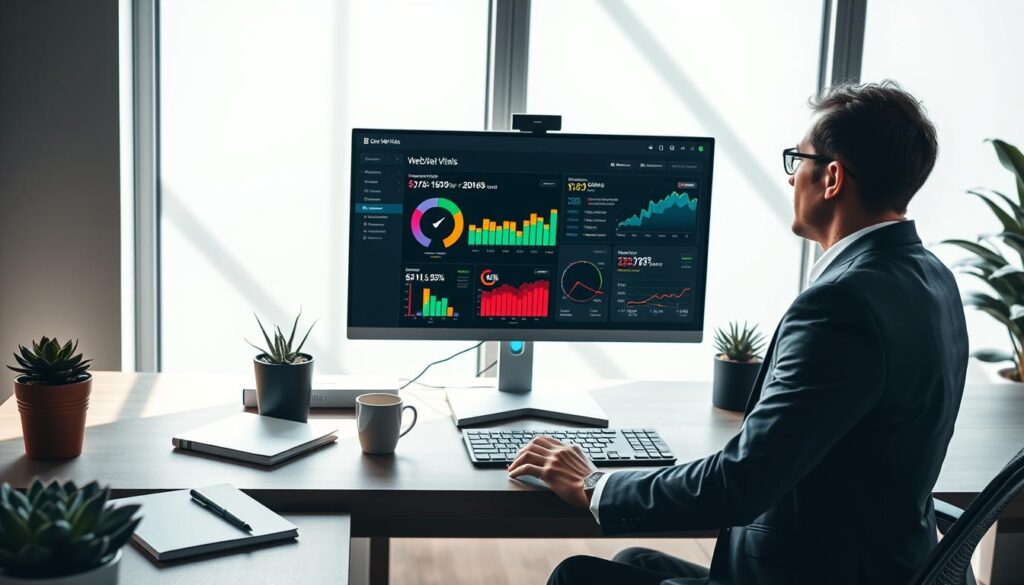A sleek, modern workspace featuring a computer screen displaying colorful graphs and metrics related to website speed and Core Web Vitals. In the foreground, a focused professional in smart business attire is analyzing the data, using a mouse to navigate through a speed testing tool interface. The middle ground showcases the computer with vivid visuals of loading times, performance scores, and user experience indicators, surrounded by contemporary office elements like a notepad, coffee cup, and a succulent plant for a touch of warmth. In the background, soft natural light streams through large windows, creating an inviting atmosphere while shadow patterns add dimension. The overall mood is one of productivity and technical precision, emphasizing the importance of monitoring website performance effectively. A sleek, modern workspace featuring a computer screen displaying colorful graphs and metrics related to website speed and Core Web Vitals. In the foreground, a focused professional in smart business attire is analyzing the data, using a mouse to navigate through a speed testing tool interface. The middle ground showcases the computer with vivid visuals of loading times, performance scores, and user experience indicators, surrounded by contemporary office elements like a notepad, coffee cup, and a succulent plant for a touch of warmth. In the background, soft natural light streams through large windows, creating an inviting atmosphere while shadow patterns add dimension. The overall mood is one of productivity and technical precision, emphasizing the importance of monitoring website performance effectively.