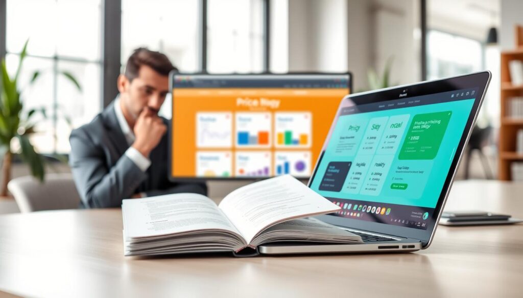 A sleek, modern workspace featuring an open laptop displaying a visually appealing pricing strategy webpage. In the foreground, a professional individual in business attire is thoughtfully reviewing a notepad filled with pricing notes and strategies. In the middle, a large screen showcases different examples of pricing pages, with graphs and charts illustrating pricing tiers. The background includes soft, blurred office elements like plants and bookshelves that create a warm, inviting atmosphere. Natural light filters through large windows, casting gentle shadows and highlighting the professionalism of the scene. A crisp color palette with blues and greens evokes trust and clarity, suitable for a pricing strategy discussion. A sleek, modern workspace featuring an open laptop displaying a visually appealing pricing strategy webpage. In the foreground, a professional individual in business attire is thoughtfully reviewing a notepad filled with pricing notes and strategies. In the middle, a large screen showcases different examples of pricing pages, with graphs and charts illustrating pricing tiers. The background includes soft, blurred office elements like plants and bookshelves that create a warm, inviting atmosphere. Natural light filters through large windows, casting gentle shadows and highlighting the professionalism of the scene. A crisp color palette with blues and greens evokes trust and clarity, suitable for a pricing strategy discussion.