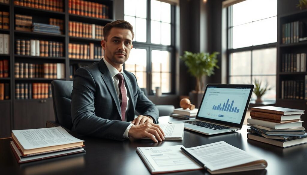 A sleek office environment featuring a business professional in a tailored suit, sitting at a modern desk filled with legal books, a laptop displaying SEO analytics, and legal documents. In the foreground, a notepad with keywords and strategies is visible, emphasizing lawyer SEO techniques. The middle ground includes a large window with natural light streaming in, illuminating the professional's focused expression. Bookshelves filled with law-related texts create an academic atmosphere in the background. The scene exudes a mood of productivity and professionalism, encapsulating the essence of local SEO for consultants within the legal field. The perspective is slightly angled from above, creating depth, with soft, inviting lighting to enhance the rich, sophisticated colors of the office setting.