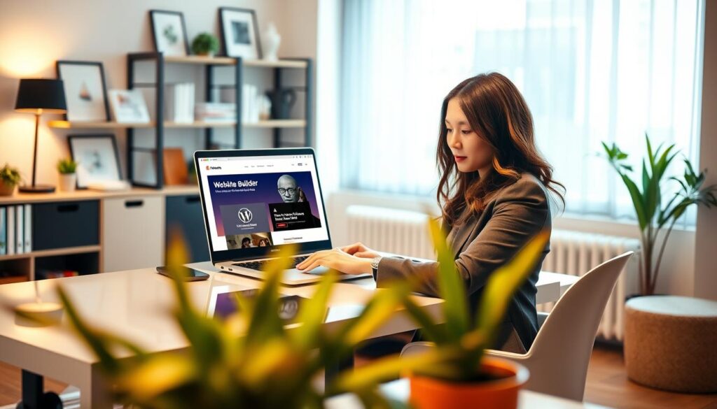 A small business owner, a young woman in professional attire, is sitting at a sleek, modern desk in an inviting workspace. She is focused on her laptop, using a website builder interface that showcases WordPress and Squarespace as options. In the foreground, a vibrant potted plant brings a touch of nature to the scene. The middle ground features a large window with natural light streaming in, highlighting the ease of the digital tools at her fingertips. The background has soft, blurred shelves filled with business books and decor items, creating an inspiring atmosphere. The overall mood is one of productivity and empowerment, with warm lighting to evoke a sense of comfort and creativity. A small business owner, a young woman in professional attire, is sitting at a sleek, modern desk in an inviting workspace. She is focused on her laptop, using a website builder interface that showcases WordPress and Squarespace as options. In the foreground, a vibrant potted plant brings a touch of nature to the scene. The middle ground features a large window with natural light streaming in, highlighting the ease of the digital tools at her fingertips. The background has soft, blurred shelves filled with business books and decor items, creating an inspiring atmosphere. The overall mood is one of productivity and empowerment, with warm lighting to evoke a sense of comfort and creativity.