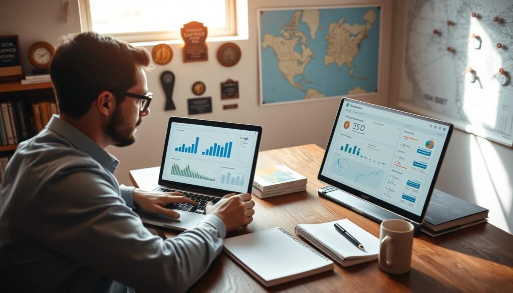 A small business owner analyzing local keyword research data on a laptop in a cozy office setting. In the foreground, a focused individual in professional attire, studying charts and graphs related to local SEO performance displayed on the screen. In the middle, a wooden desk scattered with SEO books, a notepad filled with handwritten notes, and a coffee mug, creating an inviting and productive atmosphere. In the background, a wall adorned with local business awards and a large map with pins marking target locations. Soft, natural lighting streaming through a window illuminates the space, casting gentle shadows. The overall mood is one of diligence and determination, emphasizing the importance of monitoring and refining local SEO strategies.