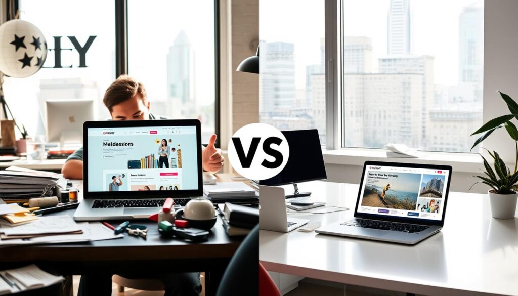 A split-screen image illustrating the concept of "DIY vs. Professional Design" in affordable website design in Melbourne. In the foreground, on the left, a cluttered desk with a laptop displaying a basic, DIY website design, surrounded by design tools, color swatches, and sketches; the person, wearing casual yet modest clothing, looks focused. On the right side, a sleek, modern workspace featuring a professional designer working on a vibrant, polished website mockup on a high-end laptop; the designer is dressed in smart business attire, showcasing expertise and professionalism. The background should depict iconic Melbourne architecture through a bright window, with natural daylight streaming in, creating an inspiring and creative atmosphere. The overall mood is energetic and optimistic, highlighting the contrast between DIY effort and professional skill in web design. A split-screen image illustrating the concept of "DIY vs. Professional Design" in affordable website design in Melbourne. In the foreground, on the left, a cluttered desk with a laptop displaying a basic, DIY website design, surrounded by design tools, color swatches, and sketches; the person, wearing casual yet modest clothing, looks focused. On the right side, a sleek, modern workspace featuring a professional designer working on a vibrant, polished website mockup on a high-end laptop; the designer is dressed in smart business attire, showcasing expertise and professionalism. The background should depict iconic Melbourne architecture through a bright window, with natural daylight streaming in, creating an inspiring and creative atmosphere. The overall mood is energetic and optimistic, highlighting the contrast between DIY effort and professional skill in web design.