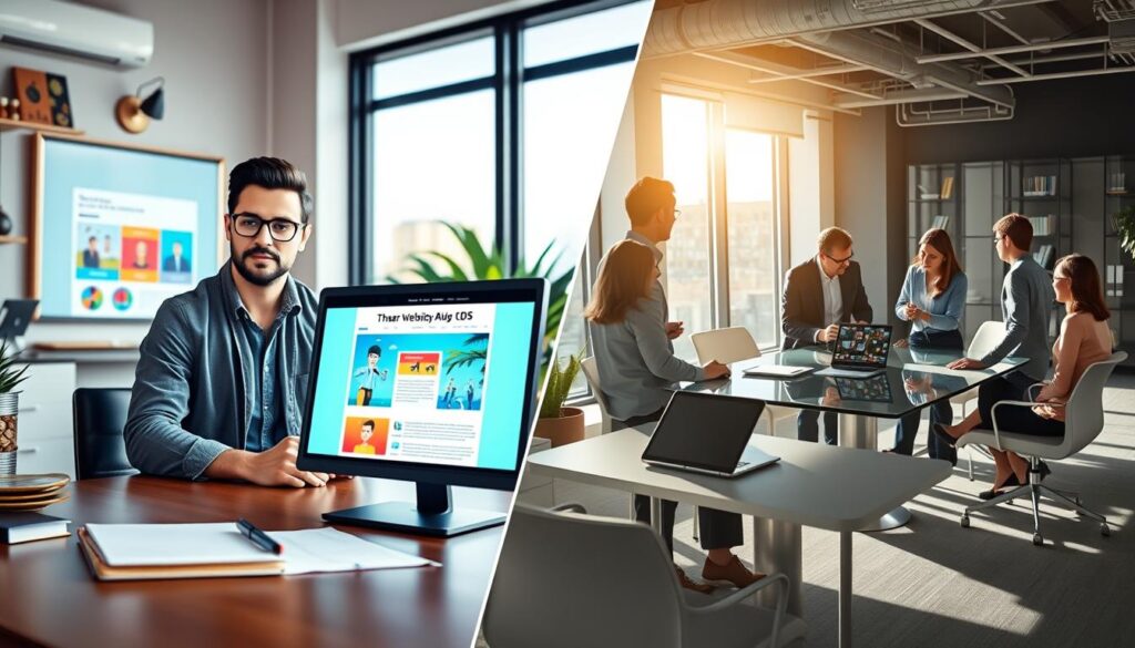 A split-screen image illustrating the concept of affordable website design versus professional services. On the left, a vibrant workspace featuring a computer screen displaying a colorful, user-friendly website template, with a confident designer in smart casual attire, focused on the screen. The foreground captures tools like a notepad and a mock-up of the website layout. On the right, a sleek office environment with a professional team gathered around a high-tech conference table, discussing a sophisticated website design on a tablet. The background shows modern office décor and large windows with bright, natural lighting filtering in. The atmosphere is energetic, highlighting creativity and professionalism, suggesting both approaches to website design in a visually appealing manner. A split-screen image illustrating the concept of affordable website design versus professional services. On the left, a vibrant workspace featuring a computer screen displaying a colorful, user-friendly website template, with a confident designer in smart casual attire, focused on the screen. The foreground captures tools like a notepad and a mock-up of the website layout. On the right, a sleek office environment with a professional team gathered around a high-tech conference table, discussing a sophisticated website design on a tablet. The background shows modern office décor and large windows with bright, natural lighting filtering in. The atmosphere is energetic, highlighting creativity and professionalism, suggesting both approaches to website design in a visually appealing manner.