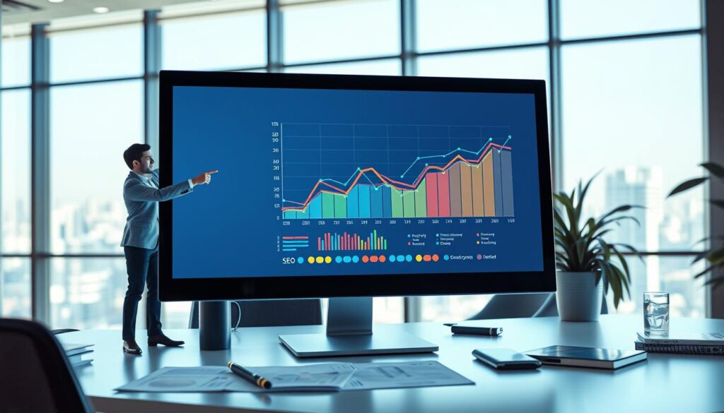 A stylized digital workspace highlighting the concept of internal links in SEO. In the foreground, a sleek computer monitor displays a graph with colorful data points and a diagram of interconnected links, symbolizing internal linking strategy. To the left, a professional figure in business attire points at the screen, showcasing analytical insights, while another figures, sitting casually, takes notes. In the middle layer, a modern desk with SEO tools and charts scattered around reflects a productive environment. The background features a bright office skyline through large windows, indicating a dynamic atmosphere. Soft, ambient lighting creates a focused mood, enhancing the modern and professional feel of the scene, captured from a slightly elevated angle for a clear view of the workspace. A stylized digital workspace highlighting the concept of internal links in SEO. In the foreground, a sleek computer monitor displays a graph with colorful data points and a diagram of interconnected links, symbolizing internal linking strategy. To the left, a professional figure in business attire points at the screen, showcasing analytical insights, while another figures, sitting casually, takes notes. In the middle layer, a modern desk with SEO tools and charts scattered around reflects a productive environment. The background features a bright office skyline through large windows, indicating a dynamic atmosphere. Soft, ambient lighting creates a focused mood, enhancing the modern and professional feel of the scene, captured from a slightly elevated angle for a clear view of the workspace.