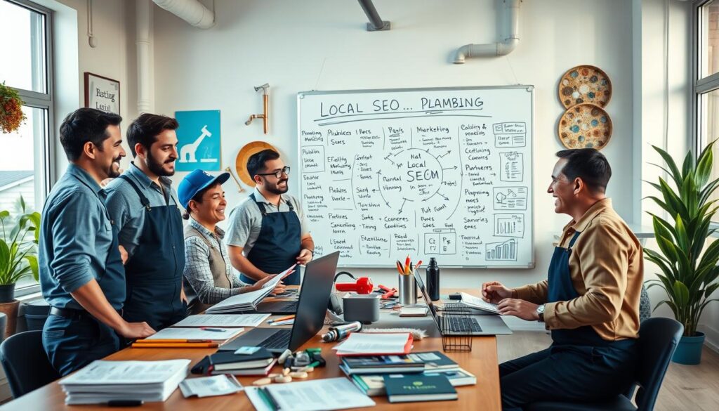 A vibrant and engaging office scene centered around a team of professional plumbers brainstorming content marketing strategies. In the foreground, a diverse group of three plumbers, two men and one woman, dressed in modest, professional attire, are animatedly discussing ideas at a table cluttered with plumbing manuals, laptops, and notepads. The middle layer features a large whiteboard filled with marketing plans, keywords, and diagrams related to local SEO. In the background, a well-lit, modern office with plumbing-related decor, like pipe-themed wall art and plants, adds to the atmosphere. Soft, natural lighting streams in through large windows, creating a collaborative and innovative mood focused on enhancing online visibility for plumbing companies. A vibrant and engaging office scene centered around a team of professional plumbers brainstorming content marketing strategies. In the foreground, a diverse group of three plumbers, two men and one woman, dressed in modest, professional attire, are animatedly discussing ideas at a table cluttered with plumbing manuals, laptops, and notepads. The middle layer features a large whiteboard filled with marketing plans, keywords, and diagrams related to local SEO. In the background, a well-lit, modern office with plumbing-related decor, like pipe-themed wall art and plants, adds to the atmosphere. Soft, natural lighting streams in through large windows, creating a collaborative and innovative mood focused on enhancing online visibility for plumbing companies.