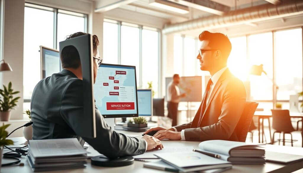 A vibrant and engaging scene depicting a professional working on local SEO targeting service areas. In the foreground, a focused individual wearing smart business attire studies a computer screen displaying a map with highlighted service areas and call-to-action buttons. The middle ground features a desk cluttered with analytical reports and SEO optimization tools. In the background, a bright, contemporary office with large windows allows natural light to flood in, creating an inviting atmosphere. The color palette is warm and optimistic, emphasizing productivity and success. The image showcases a sense of collaboration and strategy, with an angle that captures both the workstation and the bustling environment around it, conveying a professional yet dynamic spirit. A vibrant and engaging scene depicting a professional working on local SEO targeting service areas. In the foreground, a focused individual wearing smart business attire studies a computer screen displaying a map with highlighted service areas and call-to-action buttons. The middle ground features a desk cluttered with analytical reports and SEO optimization tools. In the background, a bright, contemporary office with large windows allows natural light to flood in, creating an inviting atmosphere. The color palette is warm and optimistic, emphasizing productivity and success. The image showcases a sense of collaboration and strategy, with an angle that captures both the workstation and the bustling environment around it, conveying a professional yet dynamic spirit.
