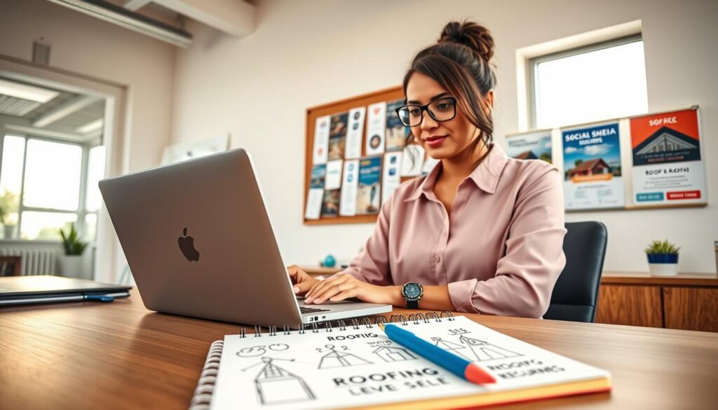 A vibrant and modern office space focused on roofing lead generation, featuring a professional businesswoman in a smart blouse, seated at a sleek desk with a laptop open, showcasing social media platforms on the screen. In the foreground, a colorful notepad and pen with roofing designs and lead generation strategies sketched out, providing an engaging atmosphere. The middle section includes a well-organized bulletin board in the backdrop, displaying social media logos and roofing campaign posters. Soft, natural light filtering through a large window creates a warm and inviting ambiance, emphasizing productivity and creativity. The overall mood is energizing and inspiring, highlighting the innovative ways social media can be leveraged for roofing enquiries. A vibrant and modern office space focused on roofing lead generation, featuring a professional businesswoman in a smart blouse, seated at a sleek desk with a laptop open, showcasing social media platforms on the screen. In the foreground, a colorful notepad and pen with roofing designs and lead generation strategies sketched out, providing an engaging atmosphere. The middle section includes a well-organized bulletin board in the backdrop, displaying social media logos and roofing campaign posters. Soft, natural light filtering through a large window creates a warm and inviting ambiance, emphasizing productivity and creativity. The overall mood is energizing and inspiring, highlighting the innovative ways social media can be leveraged for roofing enquiries.