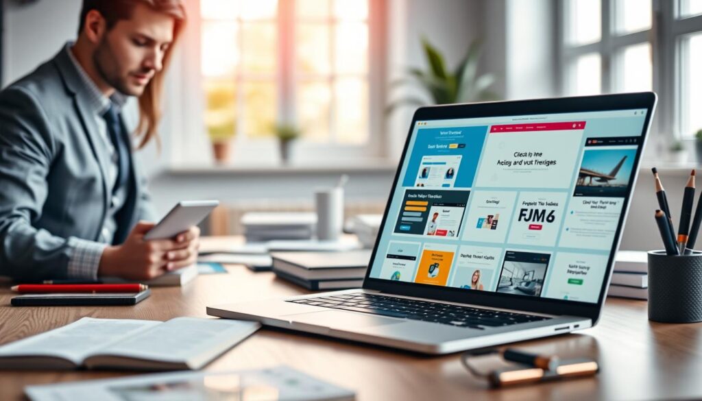 A vibrant, engaging workspace showcasing various cheap website design platforms on a modern computer screen. In the foreground, a sleek laptop displays colorful website templates, featuring simple layouts and user-friendly interfaces. To one side, a person in professional business attire is intently analyzing the designs, taking notes. The middle ground features a desk scattered with design books and tools, highlighting creativity and resourcefulness. In the background, soft natural light filters through a window, creating a warm and inviting atmosphere. The overall mood should reflect optimism and inspiration, emphasizing the accessibility of affordable website design options for small businesses and entrepreneurs. Focus on clean lines and an organized setup, with subtle depth of field to highlight the laptop screen. A vibrant, engaging workspace showcasing various cheap website design platforms on a modern computer screen. In the foreground, a sleek laptop displays colorful website templates, featuring simple layouts and user-friendly interfaces. To one side, a person in professional business attire is intently analyzing the designs, taking notes. The middle ground features a desk scattered with design books and tools, highlighting creativity and resourcefulness. In the background, soft natural light filters through a window, creating a warm and inviting atmosphere. The overall mood should reflect optimism and inspiration, emphasizing the accessibility of affordable website design options for small businesses and entrepreneurs. Focus on clean lines and an organized setup, with subtle depth of field to highlight the laptop screen.