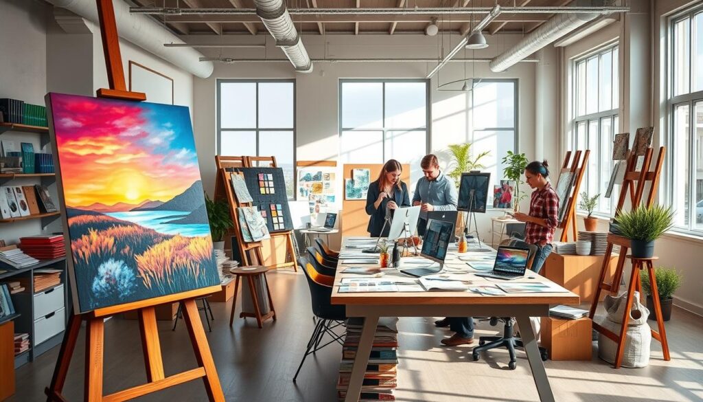 A vibrant, modern workspace designed for a painting business, showcasing a large easel with a colorful canvas depicting a beautiful landscape painting in the foreground. In the middle ground, a professional designer wearing smart casual attire is collaborating with a team around a table covered with color swatches and digital devices, highlighting social media platforms on their screens. The background features a well-lit room filled with painting supplies, samples, and mood boards, combined with large windows that let in natural light, casting soft shadows. The atmosphere should feel creative and dynamic, reflecting the energy of integrating innovative marketing strategies through social media in a professional setting. A vibrant, modern workspace designed for a painting business, showcasing a large easel with a colorful canvas depicting a beautiful landscape painting in the foreground. In the middle ground, a professional designer wearing smart casual attire is collaborating with a team around a table covered with color swatches and digital devices, highlighting social media platforms on their screens. The background features a well-lit room filled with painting supplies, samples, and mood boards, combined with large windows that let in natural light, casting soft shadows. The atmosphere should feel creative and dynamic, reflecting the energy of integrating innovative marketing strategies through social media in a professional setting.