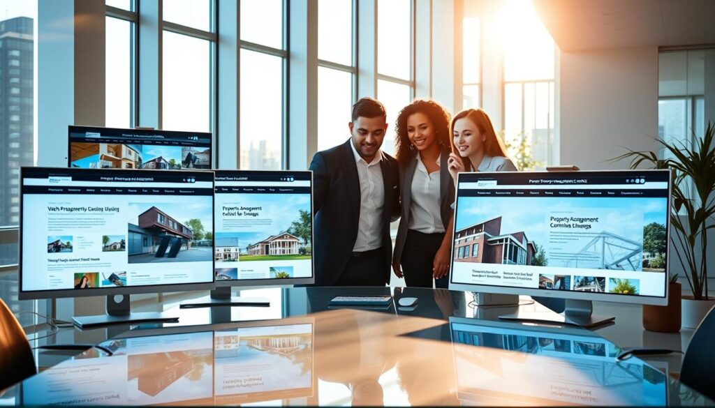 A vibrant, modern workspace showcasing creative property management websites on multiple contemporary computer screens. In the foreground, a diverse group of three professionals, dressed in smart casual attire, collaborates enthusiastically around a sleek, glass conference table. The middle ground features detailed digital mockups of visually appealing property management websites, highlighting user-friendly interfaces, stunning imagery of properties, and clear navigation elements. The background reveals a bright, airy office with large windows, allowing natural light to pour in, enhancing the atmosphere of innovation and creativity. Soft shadows and warm lighting create an inviting and productive mood, emphasizing the importance of effective web design in the property management industry. A vibrant, modern workspace showcasing creative property management websites on multiple contemporary computer screens. In the foreground, a diverse group of three professionals, dressed in smart casual attire, collaborates enthusiastically around a sleek, glass conference table. The middle ground features detailed digital mockups of visually appealing property management websites, highlighting user-friendly interfaces, stunning imagery of properties, and clear navigation elements. The background reveals a bright, airy office with large windows, allowing natural light to pour in, enhancing the atmosphere of innovation and creativity. Soft shadows and warm lighting create an inviting and productive mood, emphasizing the importance of effective web design in the property management industry.