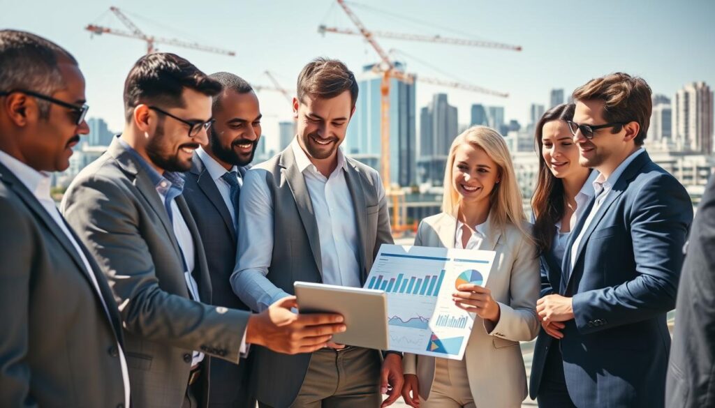 A vibrant scene depicting a diverse team of Australian construction professionals gathered around a digital tablet, analyzing local SEO strategies. In the foreground, the team, consisting of men and women of varied ethnicities wearing professional business attire, eagerly discusses charts and website analytics. In the middle ground, a construction site can be seen, with cranes and building materials, symbolizing the industry. The background features an iconic Australian skyline, showcasing a mix of modern and traditional architecture. The lighting is bright and natural, suggesting a sunny day, casting soft shadows that add depth to the image. The overall atmosphere is collaborative and focused, reflecting the importance of optimizing content for local SEO in the construction sector. A vibrant scene depicting a diverse team of Australian construction professionals gathered around a digital tablet, analyzing local SEO strategies. In the foreground, the team, consisting of men and women of varied ethnicities wearing professional business attire, eagerly discusses charts and website analytics. In the middle ground, a construction site can be seen, with cranes and building materials, symbolizing the industry. The background features an iconic Australian skyline, showcasing a mix of modern and traditional architecture. The lighting is bright and natural, suggesting a sunny day, casting soft shadows that add depth to the image. The overall atmosphere is collaborative and focused, reflecting the importance of optimizing content for local SEO in the construction sector.
