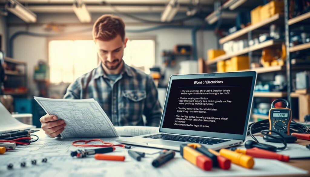 A vibrant workspace filled with tools, blueprints, and electrical equipment representing the world of electricians. In the foreground, a professional electrician in modest casual clothing is examining a bright, detailed electric circuit board, showcasing intricate wiring. In the middle, an open laptop with a screen displaying a list of engaging blog topics relevant to electricians, surrounded by tools like wire strippers, pliers, and a multimeter. The background has a blurred view of a well-lit workshop with shelves filled with electrical supplies, creating a dynamic yet organized atmosphere. Soft, natural light filters through a nearby window, casting gentle shadows and enhancing the focus on the electrician and their work. The overall mood is inspiring and professional, conveying expertise and creativity in the electrical field. A vibrant workspace filled with tools, blueprints, and electrical equipment representing the world of electricians. In the foreground, a professional electrician in modest casual clothing is examining a bright, detailed electric circuit board, showcasing intricate wiring. In the middle, an open laptop with a screen displaying a list of engaging blog topics relevant to electricians, surrounded by tools like wire strippers, pliers, and a multimeter. The background has a blurred view of a well-lit workshop with shelves filled with electrical supplies, creating a dynamic yet organized atmosphere. Soft, natural light filters through a nearby window, casting gentle shadows and enhancing the focus on the electrician and their work. The overall mood is inspiring and professional, conveying expertise and creativity in the electrical field.