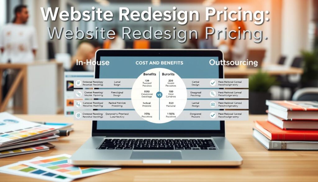 A visually appealing infographic showcasing "Website Redesign Pricing," divided into two sections: In-House vs. Outsourcing. In the foreground, a professional workspace featuring a laptop displaying a design software interface, surrounded by color swatches and design books. In the middle, a balanced comparison chart with icons representing costs and benefits of both approaches, using a clean and modern aesthetic. The background is a blurred office environment, hinting at collaboration, with soft natural lighting enhancing a productive atmosphere. The mood is informative and professional, emphasizing clarity and accessibility in business decisions. A slight overhead angle captures the workspace and chart seamlessly, inviting viewers into the discussion without any text or annotations. A visually appealing infographic showcasing "Website Redesign Pricing," divided into two sections: In-House vs. Outsourcing. In the foreground, a professional workspace featuring a laptop displaying a design software interface, surrounded by color swatches and design books. In the middle, a balanced comparison chart with icons representing costs and benefits of both approaches, using a clean and modern aesthetic. The background is a blurred office environment, hinting at collaboration, with soft natural lighting enhancing a productive atmosphere. The mood is informative and professional, emphasizing clarity and accessibility in business decisions. A slight overhead angle captures the workspace and chart seamlessly, inviting viewers into the discussion without any text or annotations.