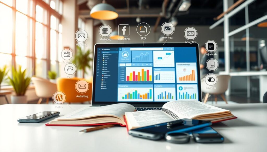 A visually appealing workspace showcasing business website plugins for marketing and automation. In the foreground, a sleek, modern laptop with colorful graphs and marketing charts displayed on the screen, surrounded by various plugin icons like email automation, SEO tools, and social media analytics. In the middle ground, an open notebook with handwritten notes and a smartphone receiving notifications, implying productivity. The background features a contemporary office environment with a large window allowing natural light to flood the space, highlighting a vibrant atmosphere. Use soft, airy lighting to create an inviting mood, and employ a wide-angle perspective to capture the entire scene effectively, conveying the essence of business efficiency and creativity. A visually appealing workspace showcasing business website plugins for marketing and automation. In the foreground, a sleek, modern laptop with colorful graphs and marketing charts displayed on the screen, surrounded by various plugin icons like email automation, SEO tools, and social media analytics. In the middle ground, an open notebook with handwritten notes and a smartphone receiving notifications, implying productivity. The background features a contemporary office environment with a large window allowing natural light to flood the space, highlighting a vibrant atmosphere. Use soft, airy lighting to create an inviting mood, and employ a wide-angle perspective to capture the entire scene effectively, conveying the essence of business efficiency and creativity.
