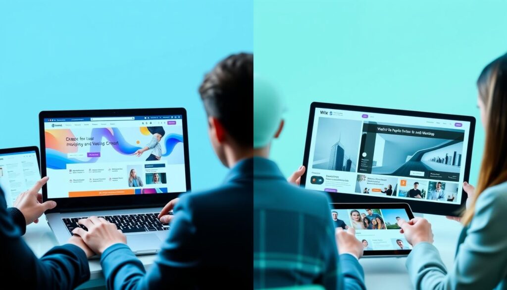 A visually engaging collage showcasing successful websites designed on WordPress and Wix, featuring a split-screen effect. On the left, a sleek, modern WordPress website with vibrant colors and a user-friendly interface is displayed, with clear navigation elements and dynamic visuals. On the right, a stylish Wix website showcasing creative design elements, including an eye-catching homepage and interactive features. The foreground includes close-ups of both websites' screens being viewed on laptops and tablets held by business professionals in professional attire, highlighting their focus and engagement. The background features a subtle gradient, blending soft blues and greens to create a calm, supportive atmosphere, emphasizing digital innovation and success. Soft lighting enhances the visibility of the screen details, and the angle captures an inviting, collaborative workspace. A visually engaging collage showcasing successful websites designed on WordPress and Wix, featuring a split-screen effect. On the left, a sleek, modern WordPress website with vibrant colors and a user-friendly interface is displayed, with clear navigation elements and dynamic visuals. On the right, a stylish Wix website showcasing creative design elements, including an eye-catching homepage and interactive features. The foreground includes close-ups of both websites' screens being viewed on laptops and tablets held by business professionals in professional attire, highlighting their focus and engagement. The background features a subtle gradient, blending soft blues and greens to create a calm, supportive atmosphere, emphasizing digital innovation and success. Soft lighting enhances the visibility of the screen details, and the angle captures an inviting, collaborative workspace.