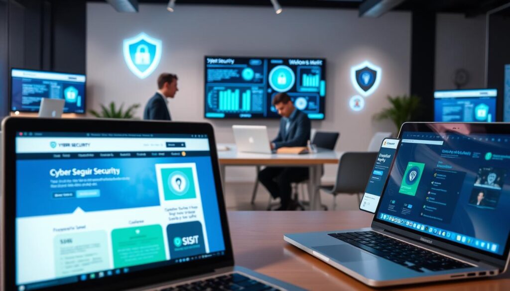 A visually engaging composition showcasing a modern workspace dedicated to cyber security. In the foreground, sleek laptops display various sophisticated security websites on their screens, featuring professional designs with blue and green color schemes. The middle layer reveals a contemporary office setup with a group of three professionals in business attire, collaborating around a table filled with laptops and tablets, showcasing teamwork and innovation. The background features a wall-mounted monitor displaying real-time cyber security data and infographics, illuminated by soft, ambient lighting. The atmosphere is focused and high-tech, exuding a sense of professionalism and urgency in the fight against cyber threats. The image should be well-lit, with a slight depth of field to emphasize the foreground elements while keeping the background in soft focus. A visually engaging composition showcasing a modern workspace dedicated to cyber security. In the foreground, sleek laptops display various sophisticated security websites on their screens, featuring professional designs with blue and green color schemes. The middle layer reveals a contemporary office setup with a group of three professionals in business attire, collaborating around a table filled with laptops and tablets, showcasing teamwork and innovation. The background features a wall-mounted monitor displaying real-time cyber security data and infographics, illuminated by soft, ambient lighting. The atmosphere is focused and high-tech, exuding a sense of professionalism and urgency in the fight against cyber threats. The image should be well-lit, with a slight depth of field to emphasize the foreground elements while keeping the background in soft focus.