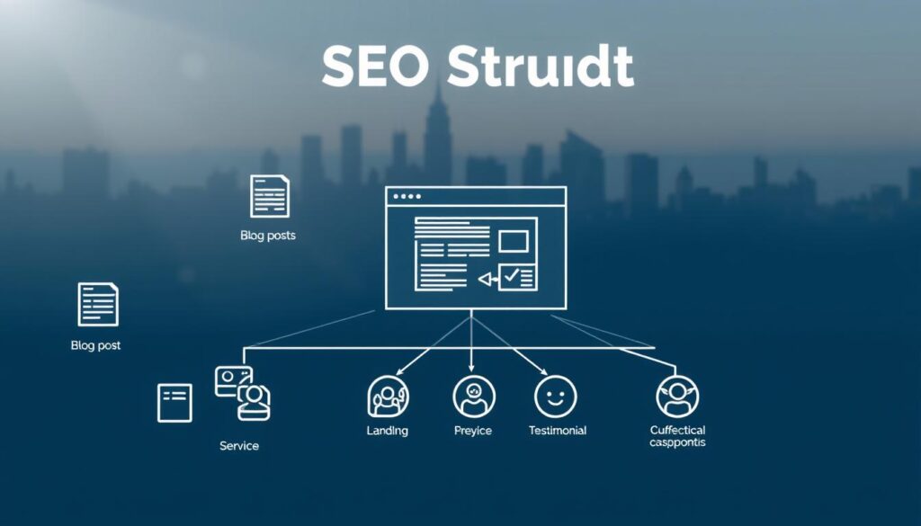 A visually engaging diagram illustrating an effective SEO structure for local websites, featuring a layered approach to content types. In the foreground, display a variety of content types such as blog posts, landing pages, service pages, and testimonials, each represented by distinct icons or illustrations. The middle ground should showcase a website framework with interconnected nodes and arrows, symbolizing the flow of information and user navigation. In the background, include a faint outline of a city skyline to represent local SEO. Use soft lighting to create a professional atmosphere, with a focus on clarity and organization. The entire composition should evoke a sense of structure, strategy, and professionalism, perfect for conveying the importance of content types in local SEO. A visually engaging diagram illustrating an effective SEO structure for local websites, featuring a layered approach to content types. In the foreground, display a variety of content types such as blog posts, landing pages, service pages, and testimonials, each represented by distinct icons or illustrations. The middle ground should showcase a website framework with interconnected nodes and arrows, symbolizing the flow of information and user navigation. In the background, include a faint outline of a city skyline to represent local SEO. Use soft lighting to create a professional atmosphere, with a focus on clarity and organization. The entire composition should evoke a sense of structure, strategy, and professionalism, perfect for conveying the importance of content types in local SEO.