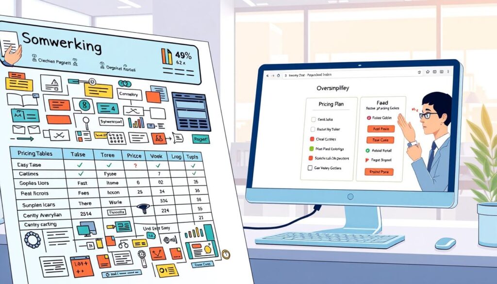 A visually engaging illustration depicting common mistakes in pricing page design for websites. In the foreground, show a cluttered pricing table with too many options, poorly chosen colors, and confusing icons. In the middle, display a computer screen showcasing an oversimplified pricing plan with faded call-to-action buttons and lack of visual hierarchy. The background consists of an office setting with a person in professional attire analyzing the design on a laptop, looking puzzled. Use natural lighting to create a bright, open atmosphere, focusing on clarity and professionalism. The overall mood should convey a sense of urgency to improve and correct these design flaws. Ensure no text or graphics are included. A visually engaging illustration depicting common mistakes in pricing page design for websites. In the foreground, show a cluttered pricing table with too many options, poorly chosen colors, and confusing icons. In the middle, display a computer screen showcasing an oversimplified pricing plan with faded call-to-action buttons and lack of visual hierarchy. The background consists of an office setting with a person in professional attire analyzing the design on a laptop, looking puzzled. Use natural lighting to create a bright, open atmosphere, focusing on clarity and professionalism. The overall mood should convey a sense of urgency to improve and correct these design flaws. Ensure no text or graphics are included.