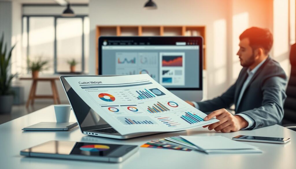 A visually engaging scene depicting the concept of "Custom Website Cost." In the foreground, a professional individual in business attire sits at a modern desk, analyzing a detailed budget breakdown document filled with pie charts and graphs. In the middle, a sleek laptop displays a website design software interface, surrounded by design tools like a tablet and color samples. The background features a minimalist office space with soft natural light streaming through large windows, creating an inviting atmosphere. The mood is focused and financially savvy, emphasizing the importance of budgeting in the web design process. Use a shallow depth of field to highlight the foreground elements while softly blurring the background, enhancing the sense of analysis and planning. A visually engaging scene depicting the concept of "Custom Website Cost." In the foreground, a professional individual in business attire sits at a modern desk, analyzing a detailed budget breakdown document filled with pie charts and graphs. In the middle, a sleek laptop displays a website design software interface, surrounded by design tools like a tablet and color samples. The background features a minimalist office space with soft natural light streaming through large windows, creating an inviting atmosphere. The mood is focused and financially savvy, emphasizing the importance of budgeting in the web design process. Use a shallow depth of field to highlight the foreground elements while softly blurring the background, enhancing the sense of analysis and planning.