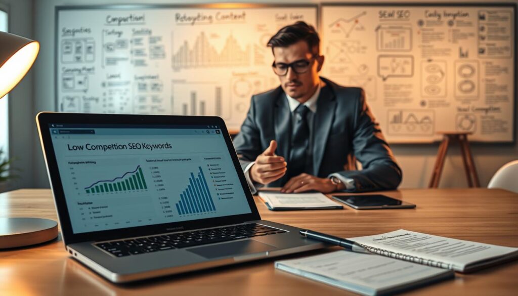 A visually engaging workspace representing “low competition SEO keywords,” showcasing a clear desktop filled with analytical tools. In the foreground, an open laptop displays graphs and keyword lists highlighting low competition terms, illuminated by soft, warm desk lamp lighting. A notepad with a pen lies nearby, featuring notes on optimization strategies. In the middle ground, a focused individual in professional attire analyzes data, embodying a sense of determination and intelligence. The background features a whiteboard filled with diagrams depicting SEO concepts and keyword strategies, subtly illuminated for clarity. Overall, the atmosphere conveys a professional yet inviting environment, promoting productivity and creativity in digital marketing. The image captures the essence of optimizing content for search engine success.