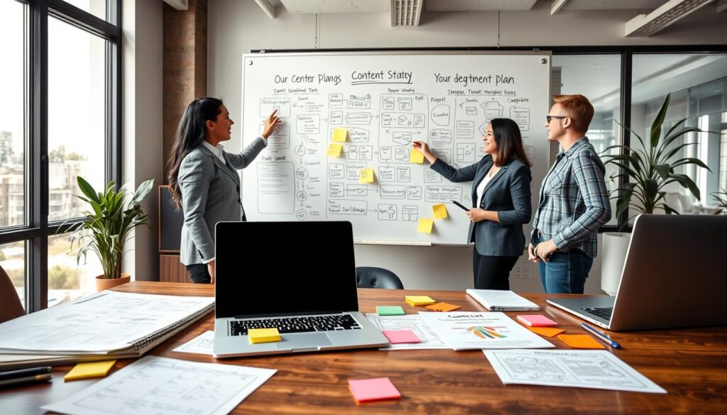 A visually engaging workspace scene illustrating a "content creation plan" for a website content strategy. In the foreground, a well-organized desk displays notepads, colorful sticky notes, and a laptop, with diagrams and flowcharts related to content development spread across the surface. In the middle, a diverse group of three professional individuals, dressed in business casual attire, collaborate enthusiastically over the content plans, pointing at visuals on a large whiteboard filled with ideas and keywords. The background features a modern office environment with large windows allowing natural light to flood the room, creating a bright, inspirational atmosphere. The overall mood should feel focused yet creative, emphasizing teamwork and strategic planning. A visually engaging workspace scene illustrating a "content creation plan" for a website content strategy. In the foreground, a well-organized desk displays notepads, colorful sticky notes, and a laptop, with diagrams and flowcharts related to content development spread across the surface. In the middle, a diverse group of three professional individuals, dressed in business casual attire, collaborate enthusiastically over the content plans, pointing at visuals on a large whiteboard filled with ideas and keywords. The background features a modern office environment with large windows allowing natural light to flood the room, creating a bright, inspirational atmosphere. The overall mood should feel focused yet creative, emphasizing teamwork and strategic planning.