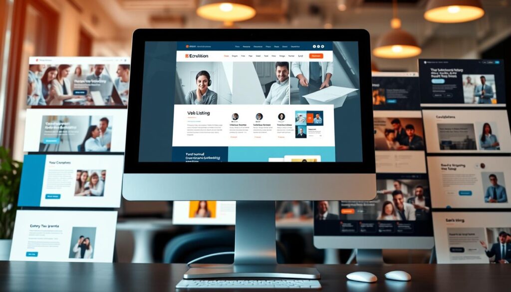 A visually striking collage of modern recruitment agency website designs, showcasing several creative layouts and color schemes. In the foreground, focus on a sleek computer monitor displaying an engaging homepage design featuring a professional staff photo, a bold call-to-action button, and clear navigation links. In the middle ground, illustrate various sections typical of successful staffing websites, such as candidate testimonials and job listings, each with unique visual elements like icons and compelling imagery. The background should be a softly blurred office environment with warm, inviting lighting, conveying a professional yet creative atmosphere. Use a high-angle lens perspective to capture the essence of innovation in web design, ensuring that the overall mood is inspiring and aspirational, appealing to potential clients and job seekers alike. A visually striking collage of modern recruitment agency website designs, showcasing several creative layouts and color schemes. In the foreground, focus on a sleek computer monitor displaying an engaging homepage design featuring a professional staff photo, a bold call-to-action button, and clear navigation links. In the middle ground, illustrate various sections typical of successful staffing websites, such as candidate testimonials and job listings, each with unique visual elements like icons and compelling imagery. The background should be a softly blurred office environment with warm, inviting lighting, conveying a professional yet creative atmosphere. Use a high-angle lens perspective to capture the essence of innovation in web design, ensuring that the overall mood is inspiring and aspirational, appealing to potential clients and job seekers alike.