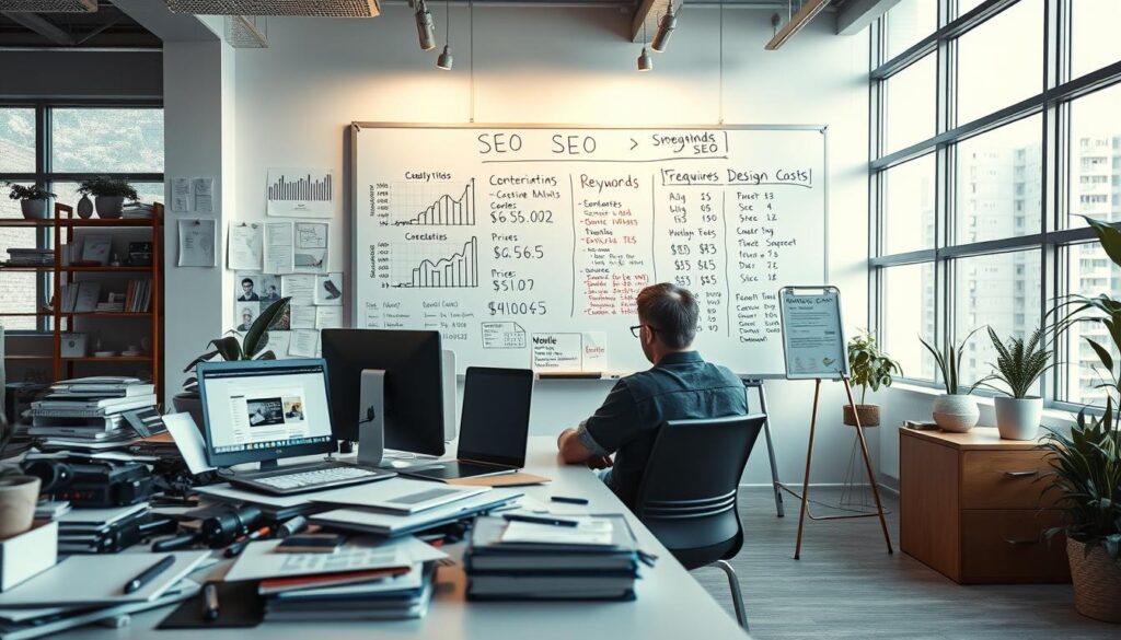 A visually striking composition illustrating the impact of SEO on design pricing. In the foreground, a professional designer works at a desk cluttered with design mockups, SEO analytics reports, and a laptop displaying a website on the screen. The middle ground features a large whiteboard filled with graphs, keywords, and pricing strategies, highlighting the connection between SEO and design costs. In the background, a modern office space with large windows allows natural light to illuminate the scene, creating a bright and engaging atmosphere. Use a wide-angle lens for depth, emphasizing the relationship between creative design and SEO metrics, while maintaining a serious, focused mood that captures the importance of the topic. A visually striking composition illustrating the impact of SEO on design pricing. In the foreground, a professional designer works at a desk cluttered with design mockups, SEO analytics reports, and a laptop displaying a website on the screen. The middle ground features a large whiteboard filled with graphs, keywords, and pricing strategies, highlighting the connection between SEO and design costs. In the background, a modern office space with large windows allows natural light to illuminate the scene, creating a bright and engaging atmosphere. Use a wide-angle lens for depth, emphasizing the relationship between creative design and SEO metrics, while maintaining a serious, focused mood that captures the importance of the topic.