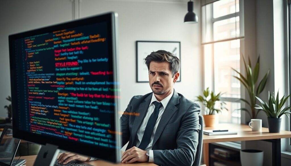 A visually striking depiction of website build errors presented in a digital workspace. In the foreground, a computer screen displays a chaotic mix of code snippets and error messages, such as “404 Not Found” and “Style Mismatch,” all rendered in vibrant colors to illustrate the confusion. In the middle ground, a professional-looking individual in smart business attire sits at the desk, furrowing their brow at the screen with a worried expression, reflecting frustration over inconsistent branding elements. The background features a stylish office with a modern design aesthetic, including a bookshelf with tech books and potted plants, softly lit by natural light coming from a nearby window, creating a mix of tension and urgency in the atmosphere. A visually striking depiction of website build errors presented in a digital workspace. In the foreground, a computer screen displays a chaotic mix of code snippets and error messages, such as “404 Not Found” and “Style Mismatch,” all rendered in vibrant colors to illustrate the confusion. In the middle ground, a professional-looking individual in smart business attire sits at the desk, furrowing their brow at the screen with a worried expression, reflecting frustration over inconsistent branding elements. The background features a stylish office with a modern design aesthetic, including a bookshelf with tech books and potted plants, softly lit by natural light coming from a nearby window, creating a mix of tension and urgency in the atmosphere.