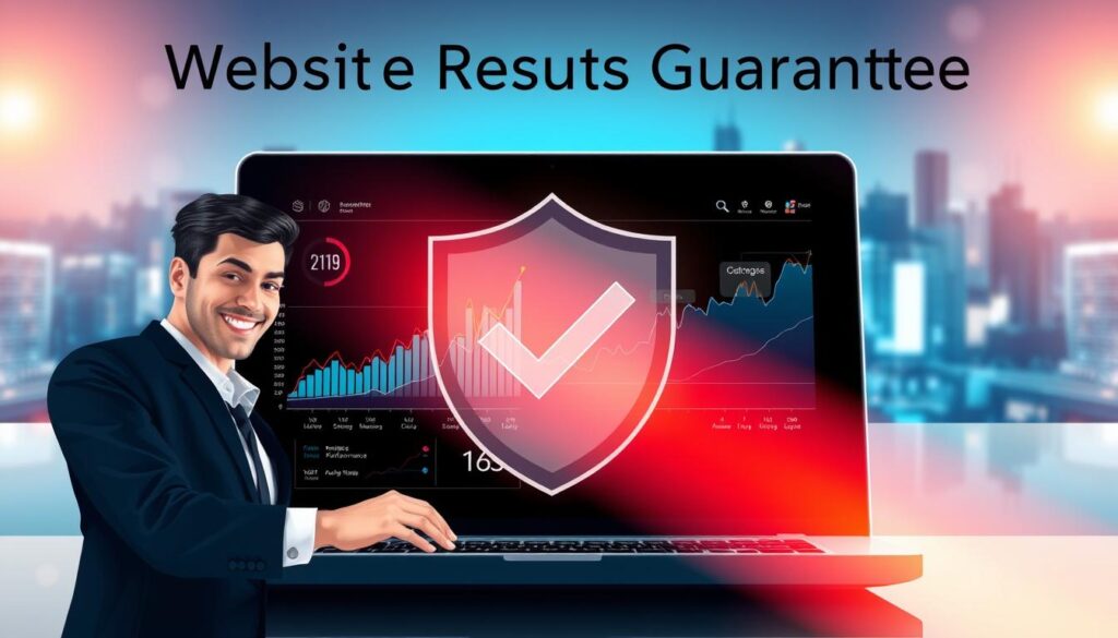 A visually striking digital illustration representing a "Website Results Guarantee" concept. In the foreground, a confident business professional in smart attire is analyzing a laptop screen displaying analytics graphs and performance metrics with a happy expression. The middle ground features a large, semi-transparent shield overlay shaped like a checkmark, symbolizing protection and assurance, surrounded by colorful graph lines and key performance indicators. In the background, an abstract digital landscape with pixelated elements and a slightly blurred cityscape reflects the technology-driven nature of the subject. Soft, focused lighting highlights the screen while adding a dynamic feel. The overall atmosphere conveys a sense of trust, professionalism, and innovation in the digital marketing field. A visually striking digital illustration representing a "Website Results Guarantee" concept. In the foreground, a confident business professional in smart attire is analyzing a laptop screen displaying analytics graphs and performance metrics with a happy expression. The middle ground features a large, semi-transparent shield overlay shaped like a checkmark, symbolizing protection and assurance, surrounded by colorful graph lines and key performance indicators. In the background, an abstract digital landscape with pixelated elements and a slightly blurred cityscape reflects the technology-driven nature of the subject. Soft, focused lighting highlights the screen while adding a dynamic feel. The overall atmosphere conveys a sense of trust, professionalism, and innovation in the digital marketing field.