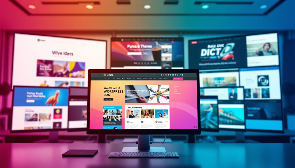 A visually striking display of various successful WordPress website designs, showcasing different layouts and color schemes. In the forefront, highlight a sleek desktop monitor displaying a vibrant, interactive homepage with eye-catching graphics and easy navigation. In the middle, arrange several additional monitors, each featuring diverse WordPress themes, such as e-commerce, blogs, and portfolios, all optimized for performance metrics, like loading speed and responsiveness. The background features a modern workspace with subtle color gradients and soft, ambient lighting to evoke a professional yet creative atmosphere. Use a shallow depth of field to blur the edges slightly, drawing attention to the forefront website showcases. The overall mood should be inspiring and innovative, emphasizing success in web design without any text or overlays. A visually striking display of various successful WordPress website designs, showcasing different layouts and color schemes. In the forefront, highlight a sleek desktop monitor displaying a vibrant, interactive homepage with eye-catching graphics and easy navigation. In the middle, arrange several additional monitors, each featuring diverse WordPress themes, such as e-commerce, blogs, and portfolios, all optimized for performance metrics, like loading speed and responsiveness. The background features a modern workspace with subtle color gradients and soft, ambient lighting to evoke a professional yet creative atmosphere. Use a shallow depth of field to blur the edges slightly, drawing attention to the forefront website showcases. The overall mood should be inspiring and innovative, emphasizing success in web design without any text or overlays.