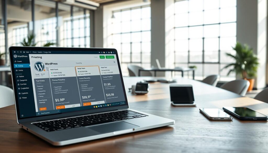 A visually striking image illustrating WordPress hosting pricing structures. In the foreground, a sleek laptop displays a modern WordPress dashboard, showcasing various hosting plan options on the screen with clear price tags and feature highlights. The middle ground features a table topped with digital devices like tablets and smartphones, symbolizing accessibility and multi-device support. In the background, a contemporary office setting with large windows allows natural light to flood in, casting soft shadows and creating a professional atmosphere. The scene should reflect a sense of clarity and organization, promoting a feeling of ease in choosing the right hosting provider. Use a wide-angle shot to capture the entire setup, emphasizing a clean and modern aesthetic. The overall mood should be informative yet inviting, ideal for illustrating professional decision-making in web development. A visually striking image illustrating WordPress hosting pricing structures. In the foreground, a sleek laptop displays a modern WordPress dashboard, showcasing various hosting plan options on the screen with clear price tags and feature highlights. The middle ground features a table topped with digital devices like tablets and smartphones, symbolizing accessibility and multi-device support. In the background, a contemporary office setting with large windows allows natural light to flood in, casting soft shadows and creating a professional atmosphere. The scene should reflect a sense of clarity and organization, promoting a feeling of ease in choosing the right hosting provider. Use a wide-angle shot to capture the entire setup, emphasizing a clean and modern aesthetic. The overall mood should be informative yet inviting, ideal for illustrating professional decision-making in web development.