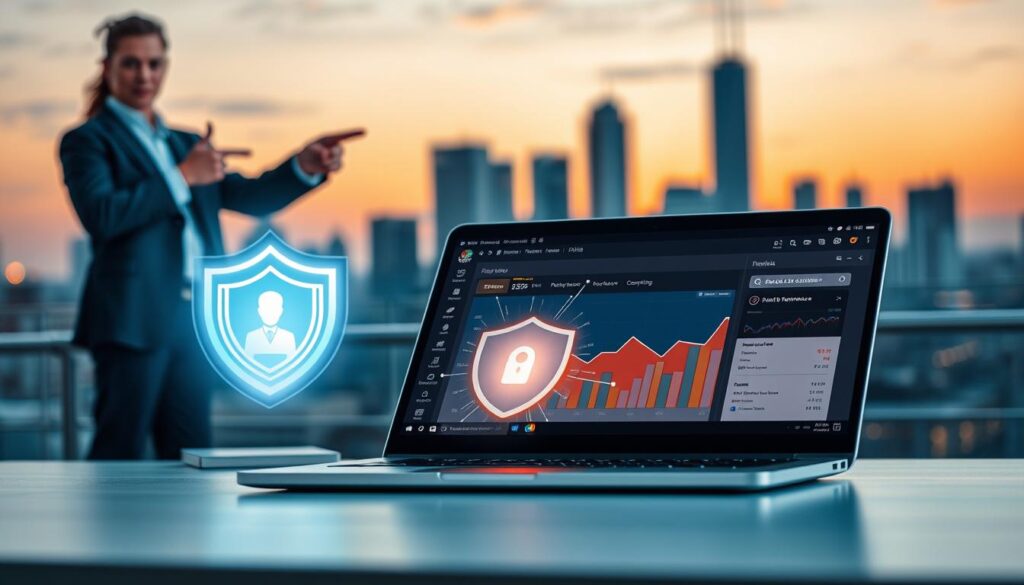 A visually striking representation of the benefits of WordPress, capturing themes of performance and security. In the foreground, a sleek laptop sits open with a vibrant WordPress dashboard displayed, showcasing graphs indicating high performance metrics. To the left, a confident business professional in smart casual attire points toward the screen, symbolizing engagement and expertise. In the middle ground, a digital shield icon glows, emanating streams of light, indicating robust security. In the background, a blurred city skyline with a warm sunset, creating a professional yet inviting atmosphere. Soft, ambient lighting enhances the scene, focusing on the laptop and the shield, while suggesting a feeling of reliability and innovation in web management. A visually striking representation of the benefits of WordPress, capturing themes of performance and security. In the foreground, a sleek laptop sits open with a vibrant WordPress dashboard displayed, showcasing graphs indicating high performance metrics. To the left, a confident business professional in smart casual attire points toward the screen, symbolizing engagement and expertise. In the middle ground, a digital shield icon glows, emanating streams of light, indicating robust security. In the background, a blurred city skyline with a warm sunset, creating a professional yet inviting atmosphere. Soft, ambient lighting enhances the scene, focusing on the laptop and the shield, while suggesting a feeling of reliability and innovation in web management.