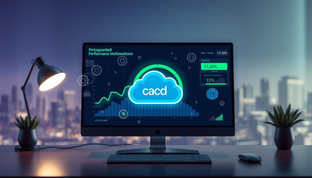 A visually striking scene illustrating WordPress performance optimization through caching solutions. In the foreground, a sleek and modern computer setup displays a graph and data showing increased website speed, with vibrant green and blue colors indicating performance improvement. In the middle, a transparent cloud icon symbolizes caching, surrounded by digital elements like gears and code snippets to represent technology. The background features a subtle city skyline to convey a tech-savvy environment, with soft ambient lighting that creates a professional and polished feel. The overall atmosphere is one of efficiency and innovation, emphasizing the benefits of caching for website performance. A visually striking scene illustrating WordPress performance optimization through caching solutions. In the foreground, a sleek and modern computer setup displays a graph and data showing increased website speed, with vibrant green and blue colors indicating performance improvement. In the middle, a transparent cloud icon symbolizes caching, surrounded by digital elements like gears and code snippets to represent technology. The background features a subtle city skyline to convey a tech-savvy environment, with soft ambient lighting that creates a professional and polished feel. The overall atmosphere is one of efficiency and innovation, emphasizing the benefits of caching for website performance.