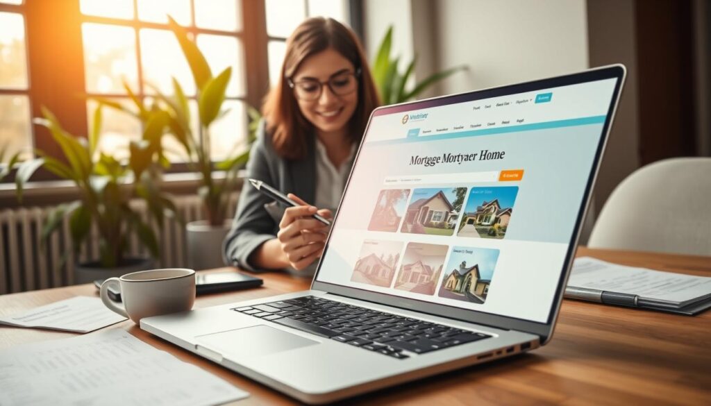 A well-designed mortgage broker website interface displayed on a sleek laptop on a modern wooden desk, surrounded by financial documents and a cup of coffee. The foreground features the laptop screen showcasing a visually appealing homepage layout with vibrant images of homes, search functionalities, and easy navigation. In the middle, a professional woman in business attire is reviewing the website's content strategy, taking notes with a pen. The background contains soft-focus indoor plants and a large window allowing warm, natural sunlight to brighten the space, creating an inviting and productive atmosphere. The image captures a sense of professionalism and clarity, emphasizing strategic planning for engaging website content. The angle is slightly top-down to highlight the screen and surrounding items.