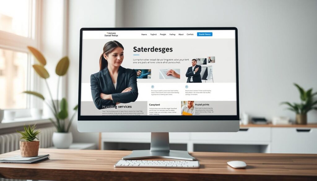 A well-designed service page layout displayed on a sleek computer monitor atop a modern wooden desk. Foreground features a professional business person, a middle-aged woman in business attire, thoughtfully reviewing the layout on the screen. In the middle, the service page design showcases engaging sections: clear headings, vibrant images of services, concise bullet points, and customer testimonials. The background features soft-focus elements like plants and minimalistic decor, creating a tidy office ambiance. Soft, natural lighting filters through a nearby window, casting a warm glow and enhancing the inviting atmosphere. The angle captures the monitor and the engaged professional, emphasizing clarity and functionality in the service page design. The overall mood is focused, productive, and polished. A well-designed service page layout displayed on a sleek computer monitor atop a modern wooden desk. Foreground features a professional business person, a middle-aged woman in business attire, thoughtfully reviewing the layout on the screen. In the middle, the service page design showcases engaging sections: clear headings, vibrant images of services, concise bullet points, and customer testimonials. The background features soft-focus elements like plants and minimalistic decor, creating a tidy office ambiance. Soft, natural lighting filters through a nearby window, casting a warm glow and enhancing the inviting atmosphere. The angle captures the monitor and the engaged professional, emphasizing clarity and functionality in the service page design. The overall mood is focused, productive, and polished.