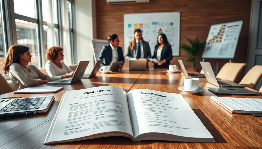 A well-organized office environment, showcasing a large wooden conference table surrounded by laptops, notebooks, and coffee cups. In the foreground, a consultancy guidebook is open to pages titled "Client Retention Strategies," with a detailed bullet list visible. In the middle, a diverse group of three professionals—two men and one woman—are engaged in a focused discussion, all dressed in smart business attire. Natural light streams in from large windows, creating a warm, inviting atmosphere. The background features a whiteboard filled with colorful notes and diagrams, symbolizing strategic plans. The overall mood is collaborative and productive, emphasizing professionalism and teamwork. A well-organized office environment, showcasing a large wooden conference table surrounded by laptops, notebooks, and coffee cups. In the foreground, a consultancy guidebook is open to pages titled "Client Retention Strategies," with a detailed bullet list visible. In the middle, a diverse group of three professionals—two men and one woman—are engaged in a focused discussion, all dressed in smart business attire. Natural light streams in from large windows, creating a warm, inviting atmosphere. The background features a whiteboard filled with colorful notes and diagrams, symbolizing strategic plans. The overall mood is collaborative and productive, emphasizing professionalism and teamwork.