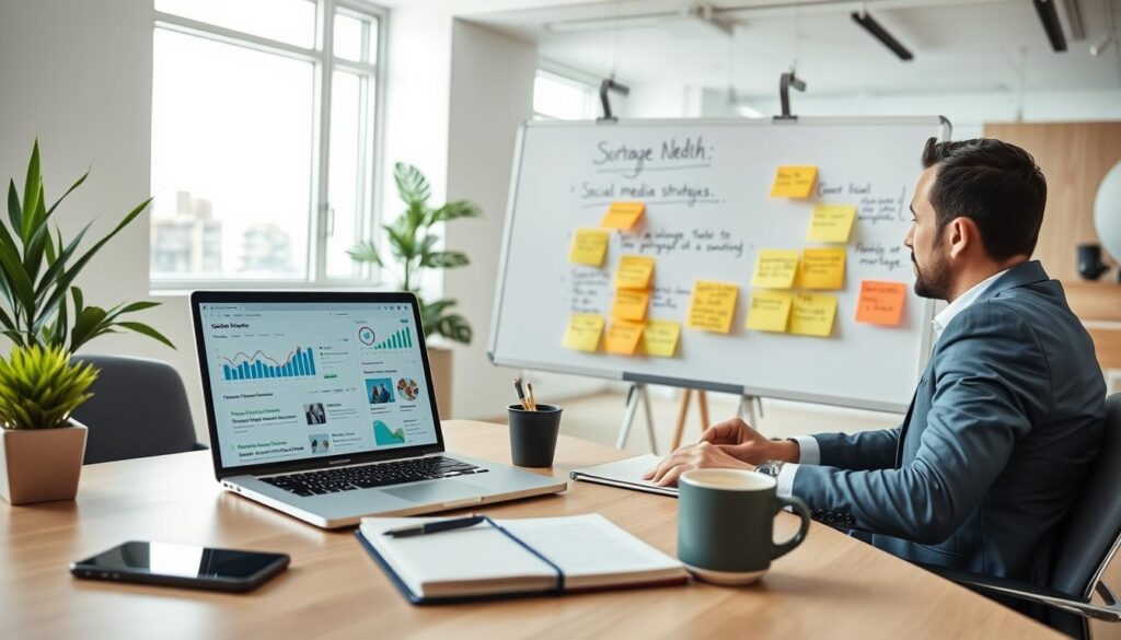 A well-organized workspace featuring a professional mortgage broker in business attire, engaging with a laptop displaying social media analytics and mortgage-related graphics. The foreground showcases a modern desk adorned with a smartphone, a notebook with sketches of social media strategies, and a coffee cup. In the middle ground, a whiteboard or pinned board presents vibrant post-it notes with bulleted tips for social media engagement, including hashtags and content ideas. The background offers an inviting and bright office environment with large windows allowing natural light to pour in, creating a motivational atmosphere. The mood is professional yet creative, emphasizing innovation in marketing strategies for mortgage brokers. The image should be clear and focused, capturing the essence of digital marketing success in a dynamic way. A well-organized workspace featuring a professional mortgage broker in business attire, engaging with a laptop displaying social media analytics and mortgage-related graphics. The foreground showcases a modern desk adorned with a smartphone, a notebook with sketches of social media strategies, and a coffee cup. In the middle ground, a whiteboard or pinned board presents vibrant post-it notes with bulleted tips for social media engagement, including hashtags and content ideas. The background offers an inviting and bright office environment with large windows allowing natural light to pour in, creating a motivational atmosphere. The mood is professional yet creative, emphasizing innovation in marketing strategies for mortgage brokers. The image should be clear and focused, capturing the essence of digital marketing success in a dynamic way.