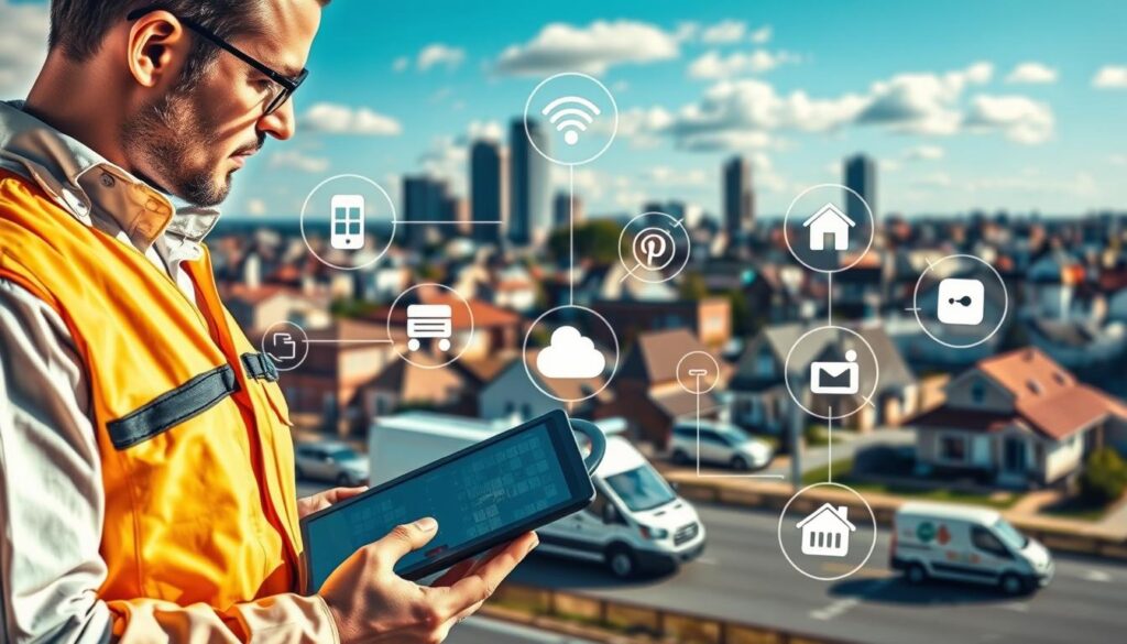 An abstract representation of advanced local SEO strategies for electricians, showcasing various elements interconnected visually. In the foreground, a well-dressed electrician analyzing data on a tablet, surrounded by icons symbolizing local SEO techniques like Google My Business, reviews, and social media engagement. The middle ground features a cityscape with electrical service vehicles parked outside homes and businesses. In the background, a bright blue sky with clouds, indicating optimism and growth. Use soft, natural lighting to evoke a professional atmosphere, captured with a slightly elevated angle for a comprehensive view. The overall mood should feel innovative and focused on success, inviting local electricians to explore these advanced strategies.