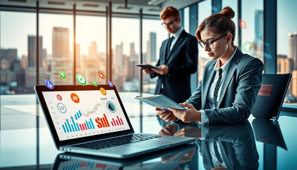 An abstract representation of "optimizing AI content for search engines." In the foreground, a modern laptop displays graphs and analytics on its screen, surrounded by colorful icons representing SEO tools like keywords and backlinks. In the middle ground, a focused professional in business attire is analyzing content strategy, with a notepad and pen in hand, surrounded by floating digital elements symbolizing AI and creativity. The background features a sleek office environment with large windows showing a bustling city, illuminated by bright, natural light that highlights the workspace. The mood is dynamic and industrious, embodying collaboration and technological advancement in content creation. An abstract representation of "optimizing AI content for search engines." In the foreground, a modern laptop displays graphs and analytics on its screen, surrounded by colorful icons representing SEO tools like keywords and backlinks. In the middle ground, a focused professional in business attire is analyzing content strategy, with a notepad and pen in hand, surrounded by floating digital elements symbolizing AI and creativity. The background features a sleek office environment with large windows showing a bustling city, illuminated by bright, natural light that highlights the workspace. The mood is dynamic and industrious, embodying collaboration and technological advancement in content creation.